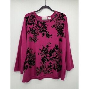 Alfred Dunner Sweater Oscar Night Fuchsia Pink Size 2X Velvet Floral Jewel Neck